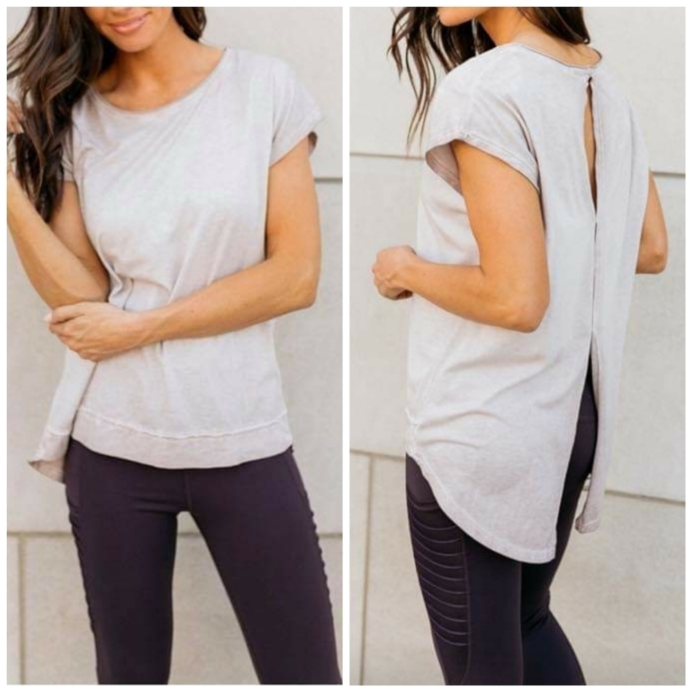 Mono B Lavender Open Back Short Sleeve Activewear Athleisure Top